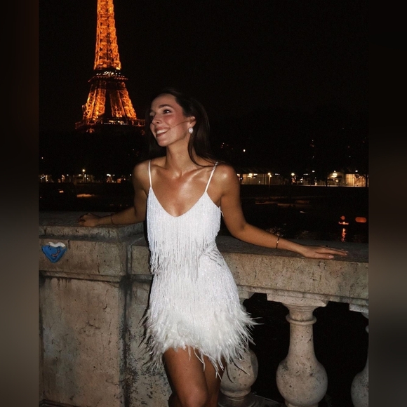 Nadine Merabi Lottie White Beaded Feather Fringe Mini Dress Size S/M/6 - Picture 12 of 16